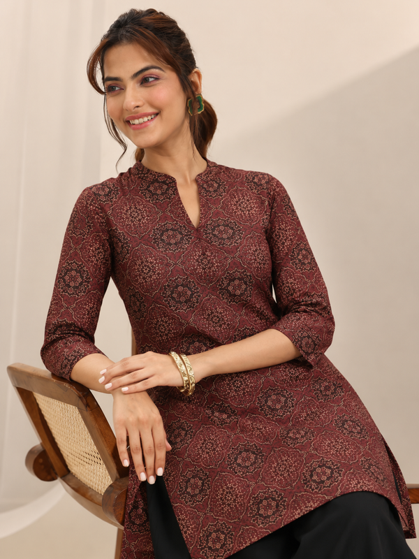 Red Printed Cotton Short Kurti for Office Wear