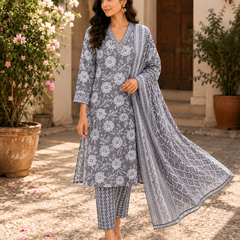 Gray Printed Cotton Kurta Pant Dupatta Set for Festive Wear