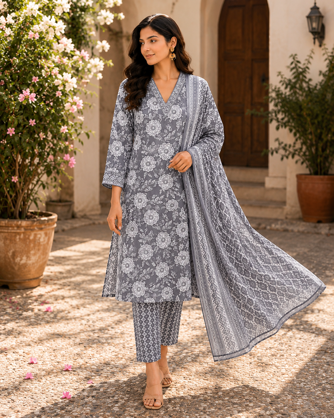 Women's Pure Cotton Printed Kurta Pant Dupatta Set | V-Neck | 3-Piece Ethnic Suit Set