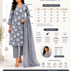 Gray Printed Cotton Kurta Pant Dupatta Set for Festive Wear - view 4