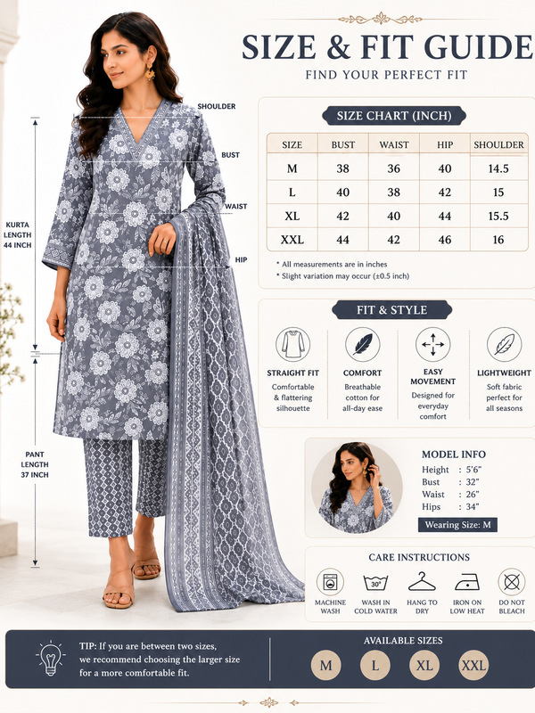 Gray Printed Cotton Kurta Pant Dupatta Set for Festive Wear - view 4