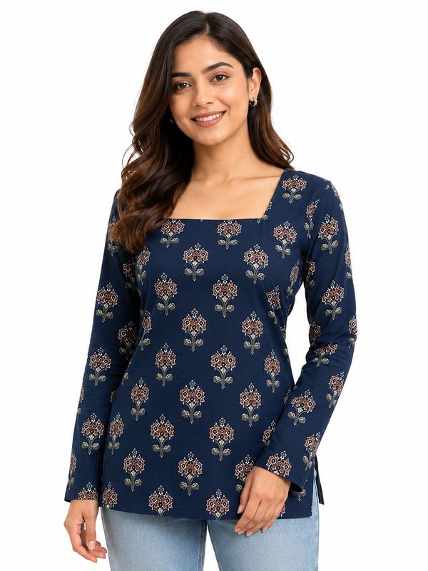 Navy Printed Tunic Top for Office Wear - view 2