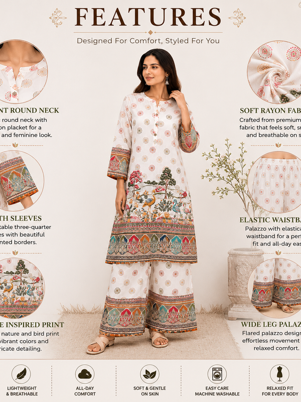 White Printed Rayon Kurta Palazzo Set for Festive Wear - view 4
