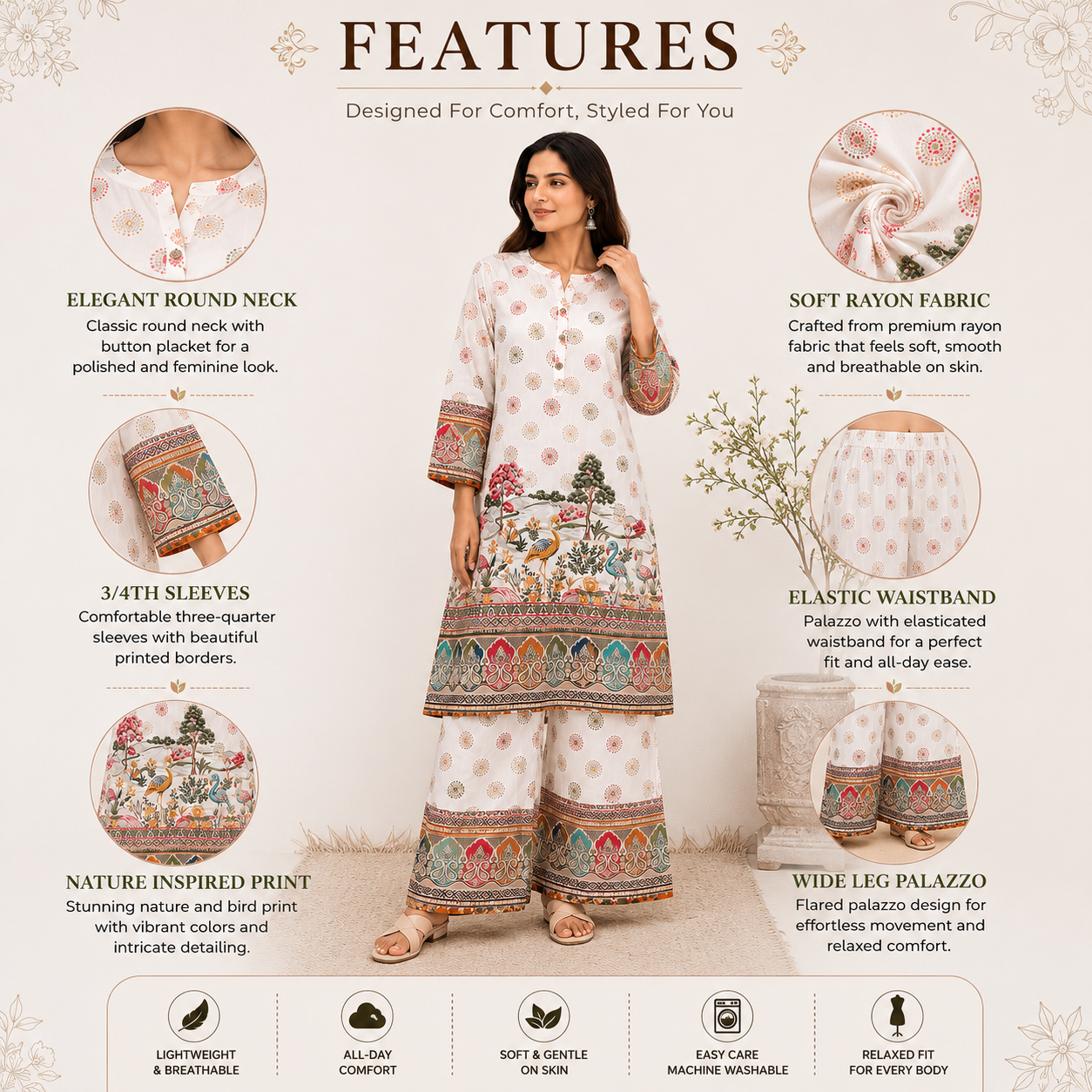 Women's White Printed Rayon Kurta Palazzo Set