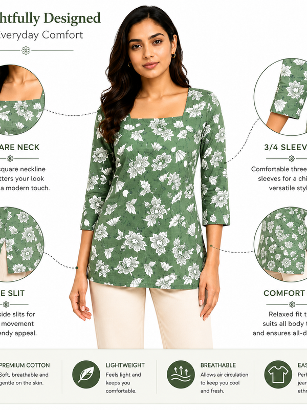 Floral-Print Kurti for Office Wear with Square Neck - view 4