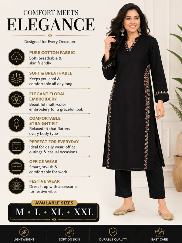 Black Embroidered Cotton Kurta Pant Set for Festive Wear - view 3