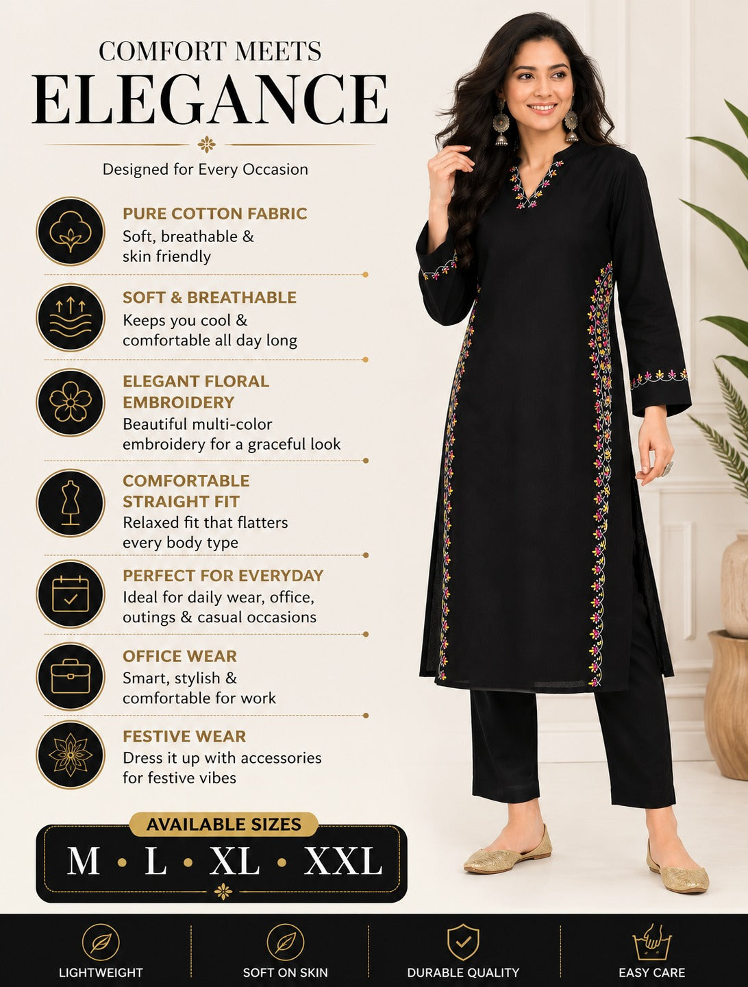Premium Pure Cotton Embroidered Kurta Pant Set | Straight Fit | Daily & Office Wear