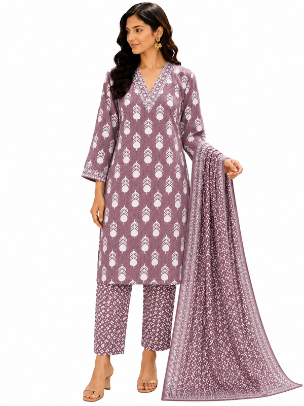 Purple Embroidered Cotton Kurta Pant Dupatta Set for Festive Wear - view 2