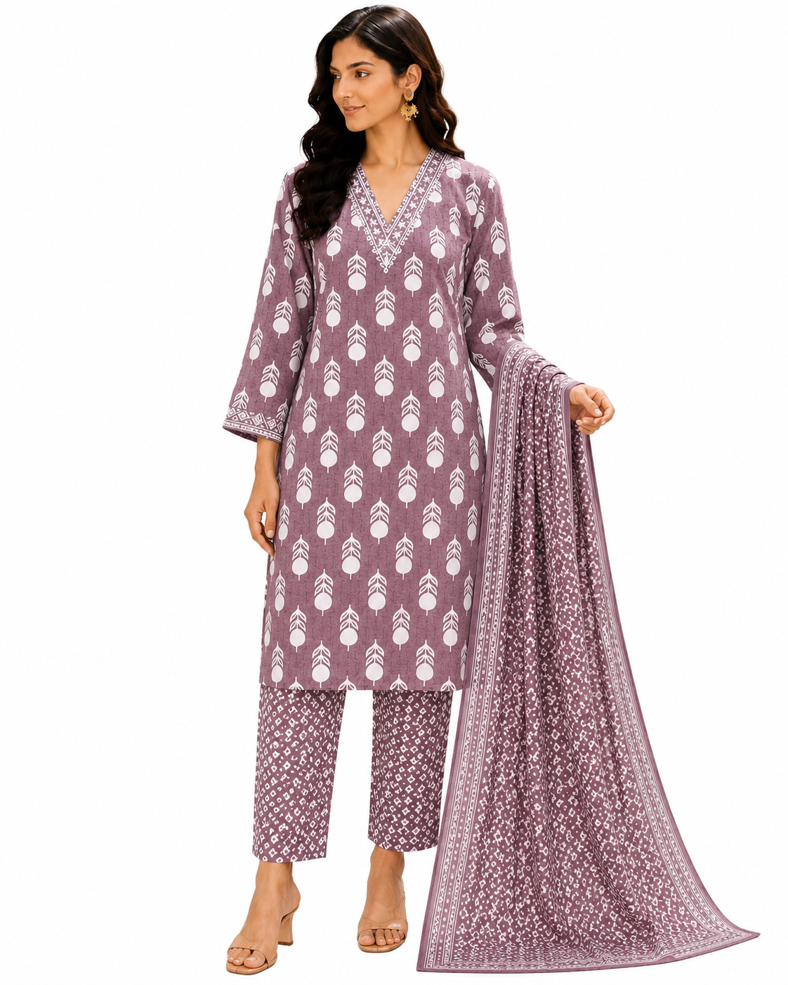 Women’s Cotton Printed Kurta Pant Dupatta Set | Embroidered V-Neck | Ethnic 3-Piece Suit Set