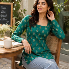 Green Printed Cotton Tunic Top for Office Wear