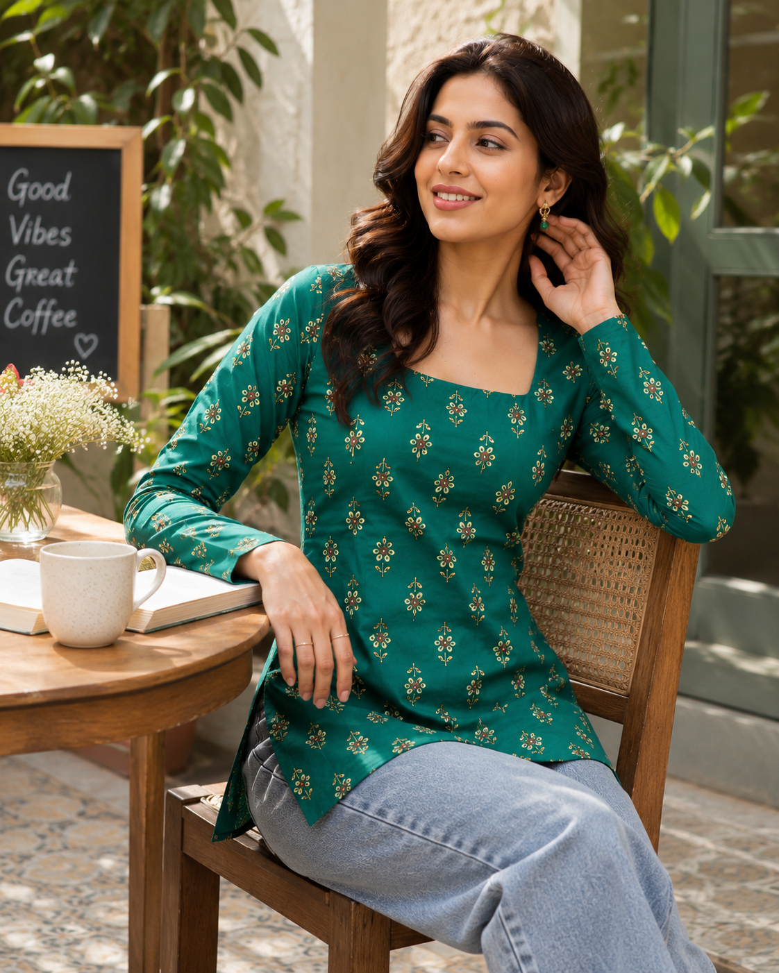 Women's Green Printed Cotton Top | Square Neck Casual Top for Women