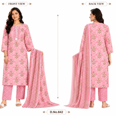 Pink Embroidered Cotton Kurta Pant Dupatta Set for Casual Wear - view 3