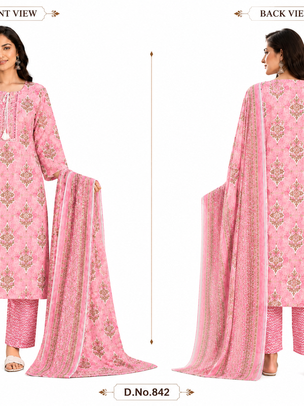 Pink Embroidered Cotton Kurta Pant Dupatta Set for Casual Wear - view 3
