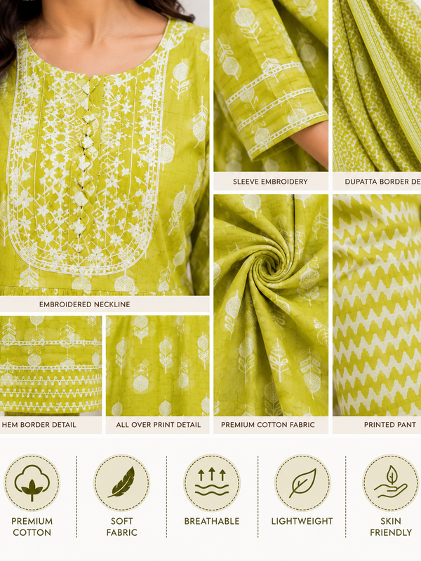 Floral Embroidered Cotton Kurta Pant Dupatta Set for Festive Wear - view 4
