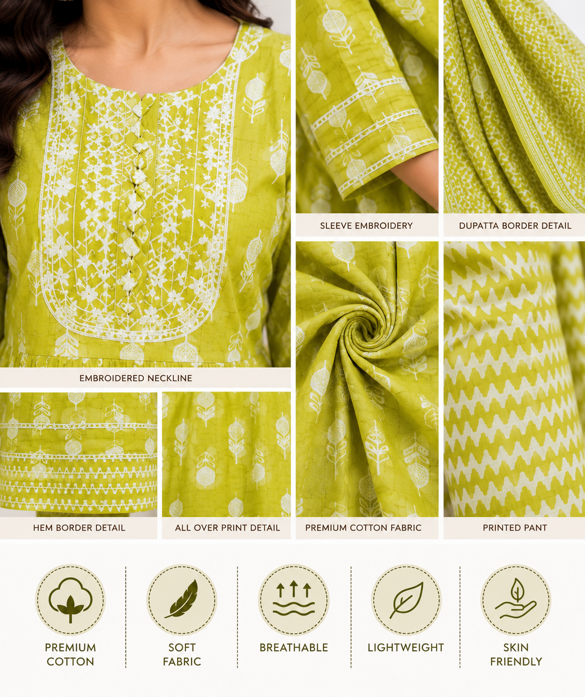 Women's Premium Cotton Printed Kurta Pant Dupatta Set | Embroidered Yoke | 3-Piece Ethnic Suit Set