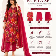 Red Floral-Print Kurta Pant Dupatta Set for Festive Wear - view 4