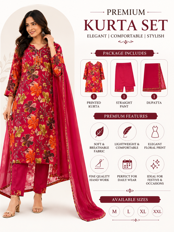 Red Floral-Print Kurta Pant Dupatta Set for Festive Wear - view 4