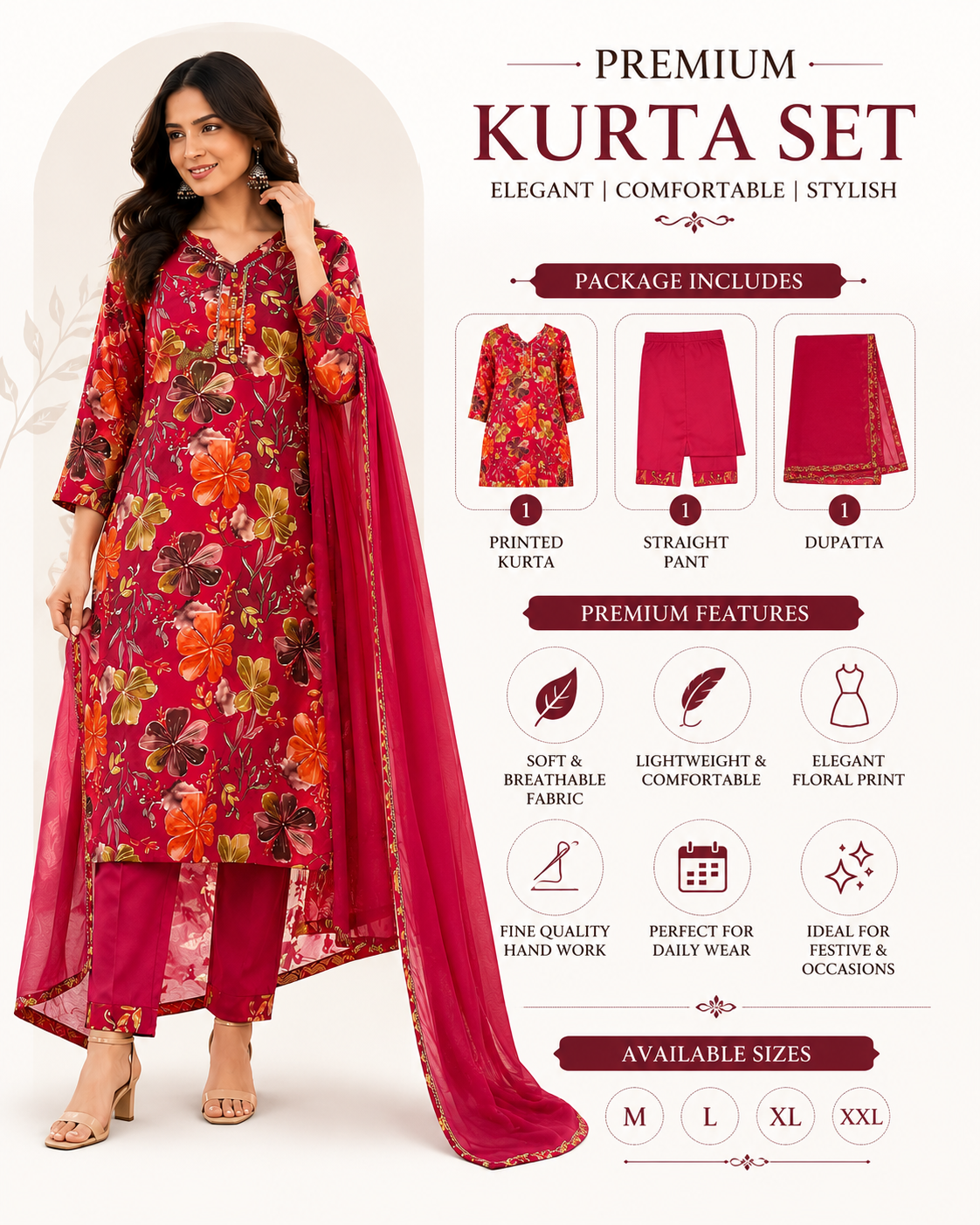 Women’s Floral Printed Kurta Pant Dupatta Set
