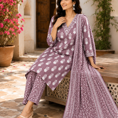 Purple Embroidered Cotton Kurta Pant Dupatta Set for Festive Wear