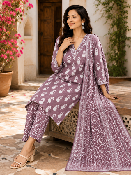Purple Embroidered Cotton Kurta Pant Dupatta Set for Festive Wear