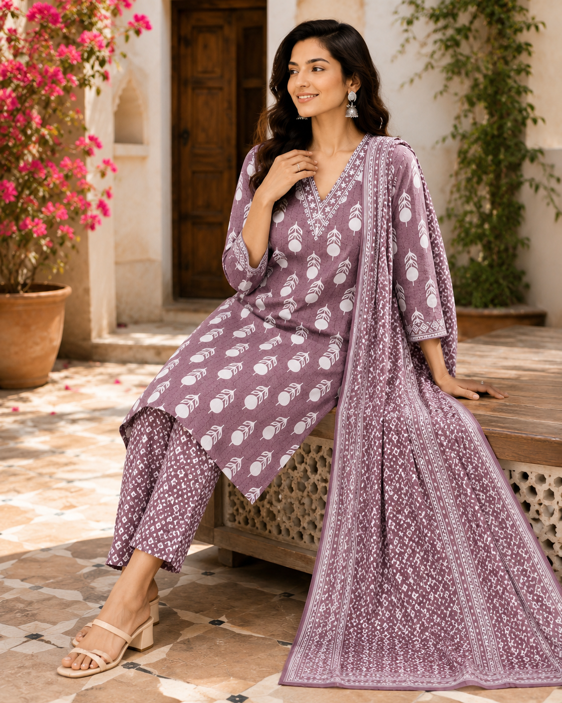 Women’s Cotton Printed Kurta Pant Dupatta Set | Embroidered V-Neck | Ethnic 3-Piece Suit Set