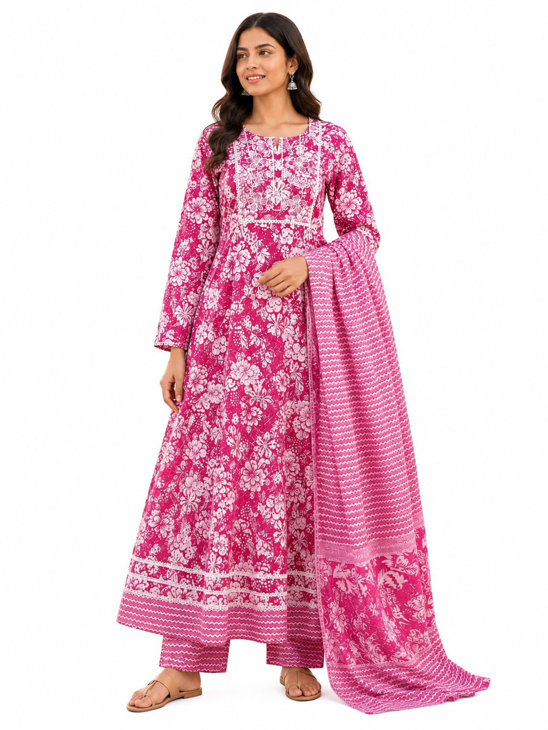 Women's Cotton Anarkali Kurta Pant Dupatta Set