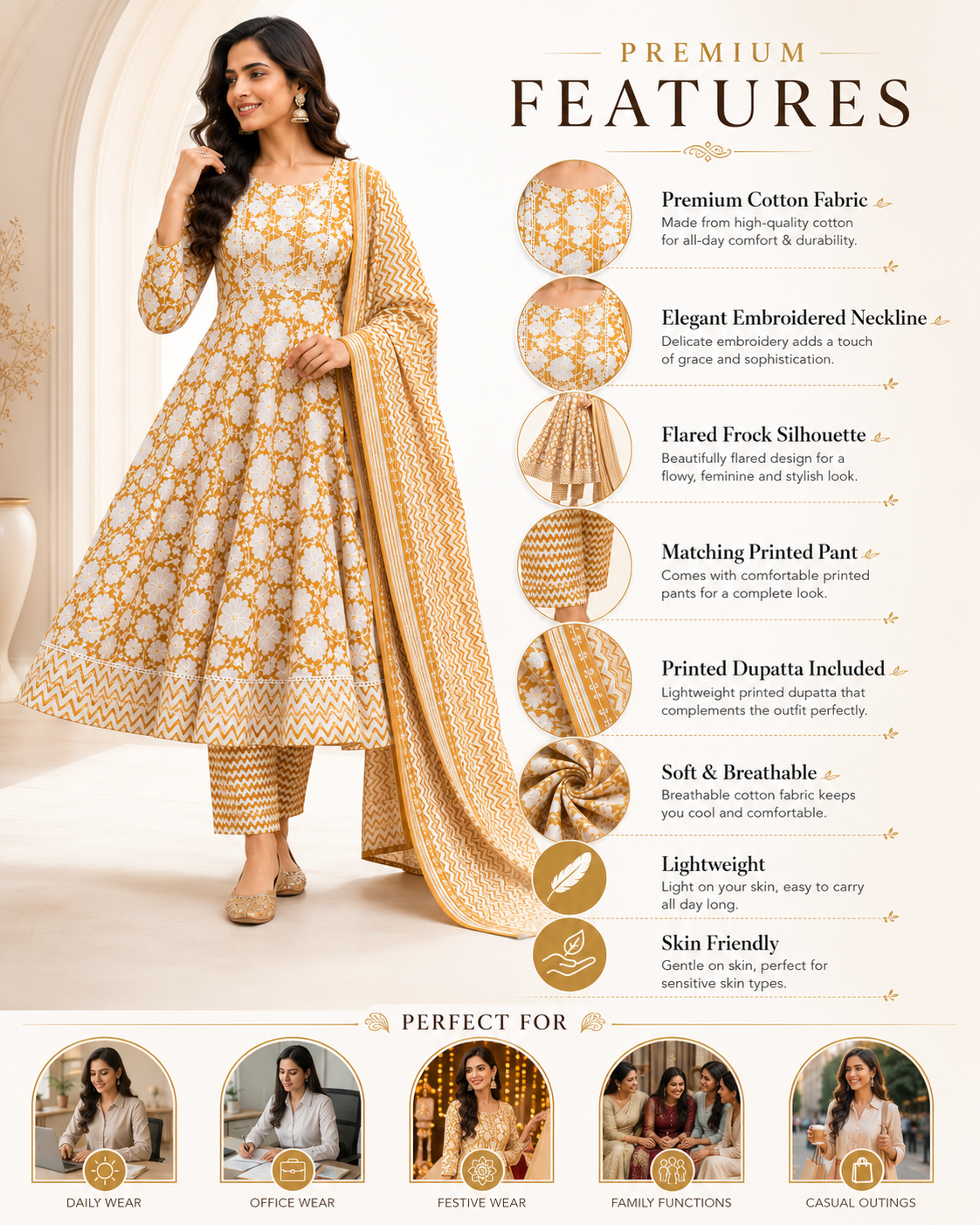 Women's Premium Cotton Anarkali Kurta Pant Dupatta Set | Embroidered Neck | Flared 3-Piece Ethnic Suit