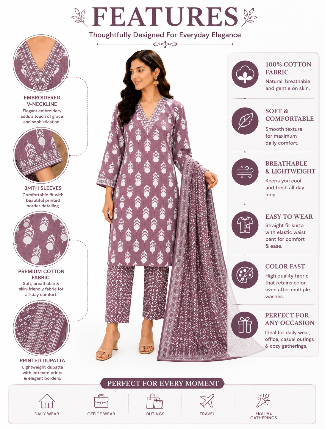 Women’s Cotton Printed Kurta Pant Dupatta Set | Embroidered V-Neck | Ethnic 3-Piece Suit Set