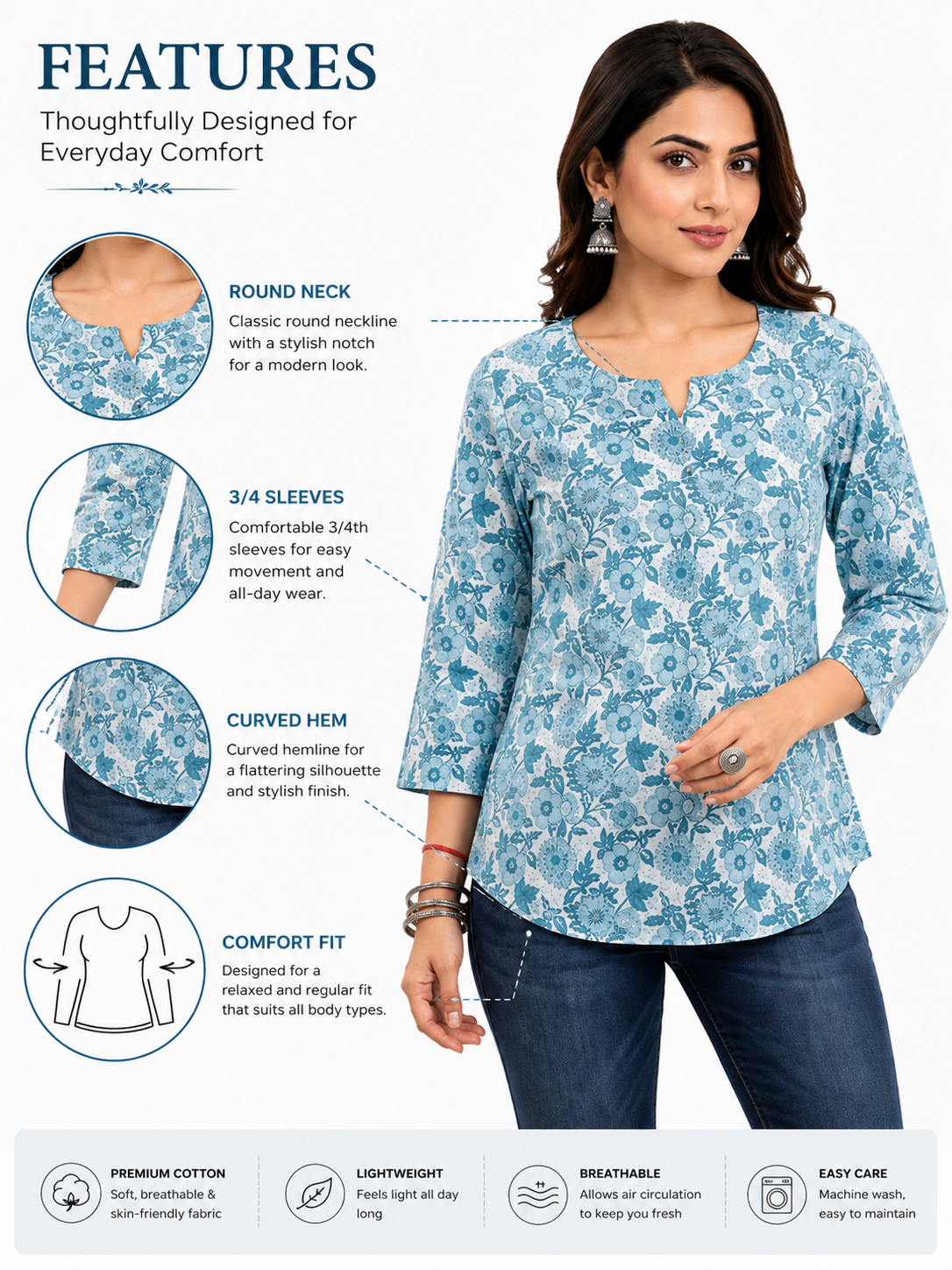 Women's Floral Printed Cotton Short Kurti