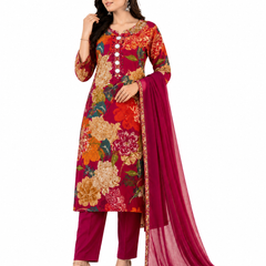 Red Floral-Print Kurta Pant Dupatta Set for Festive Wear - view 2