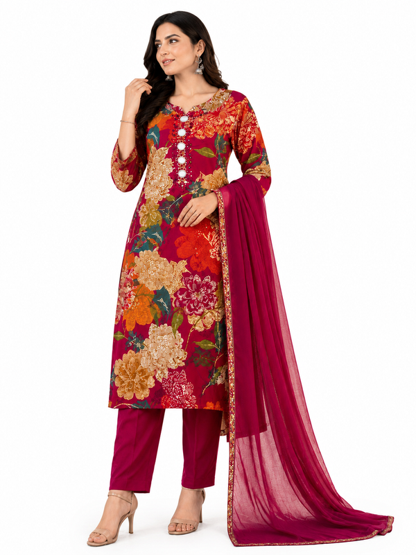 Red Floral-Print Kurta Pant Dupatta Set for Festive Wear - view 2