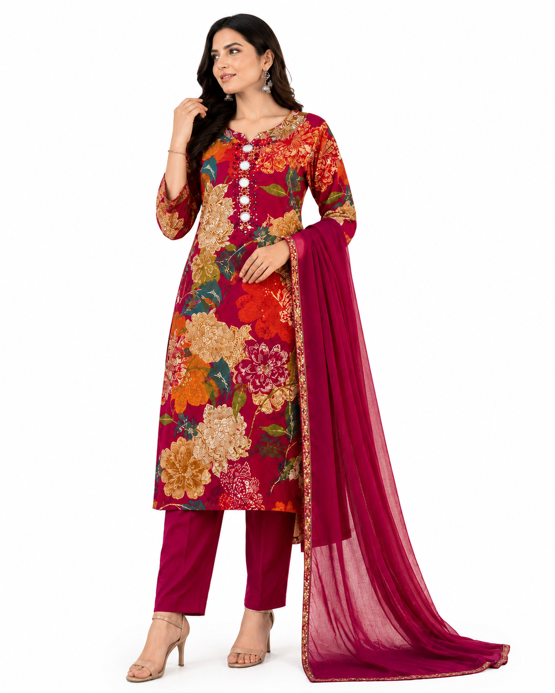 Women’s Floral Printed Kurta Pant Dupatta Set | Embellished Neck | Ethnic 3-Piece Suit Set