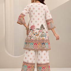 White Printed Rayon Kurta Palazzo Set for Festive Wear