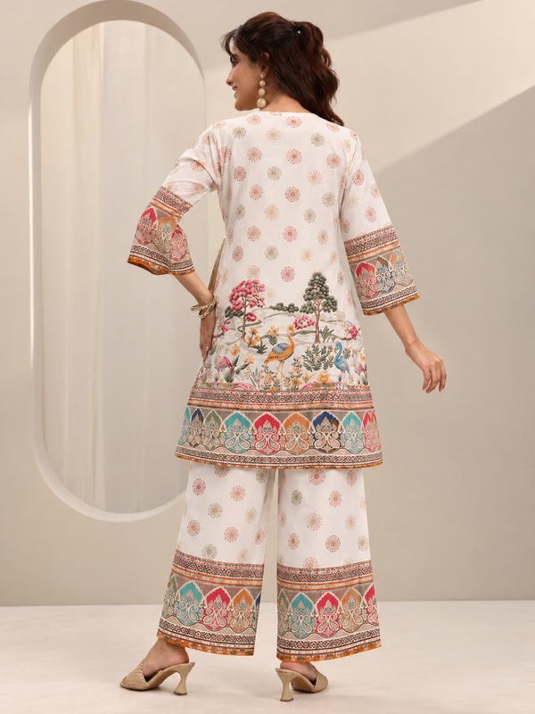 White Printed Rayon Kurta Palazzo Set for Festive Wear