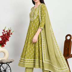 Green Embroidered Cotton Ethnic Suit Set for Casual Wear
