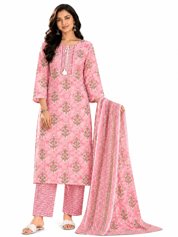Pink Embroidered Cotton Kurta Pant Dupatta Set for Casual Wear - view 2