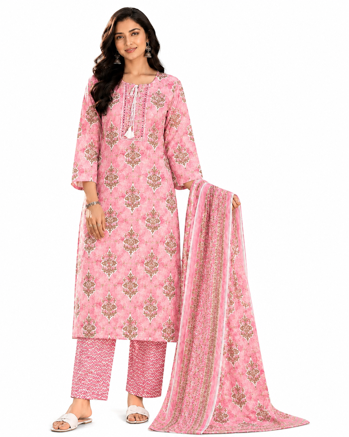Women's Premium Cotton Kurta Pant Dupatta Set | Embroidered Neck | Printed 3-Piece Ethnic Suit