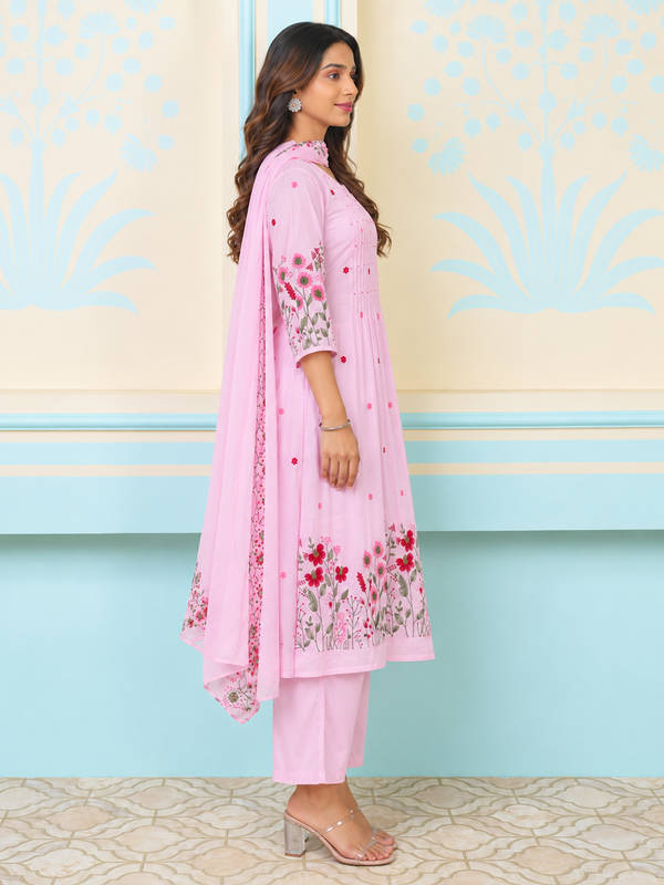 Pink Pintuck Anarkali Suit Set with Floral Embroidered Dupatta