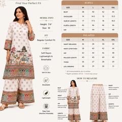 White Printed Rayon Kurta Palazzo Set for Festive Wear - view 7