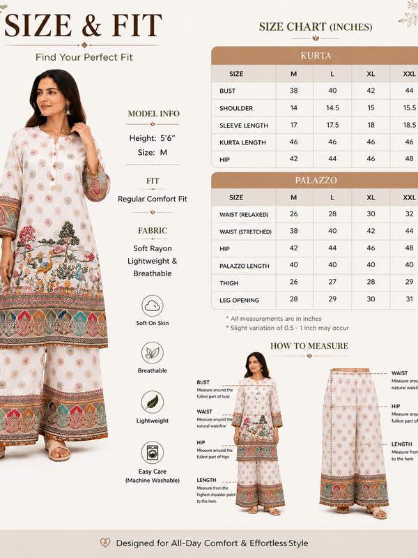 White Printed Rayon Kurta Palazzo Set for Festive Wear - view 7