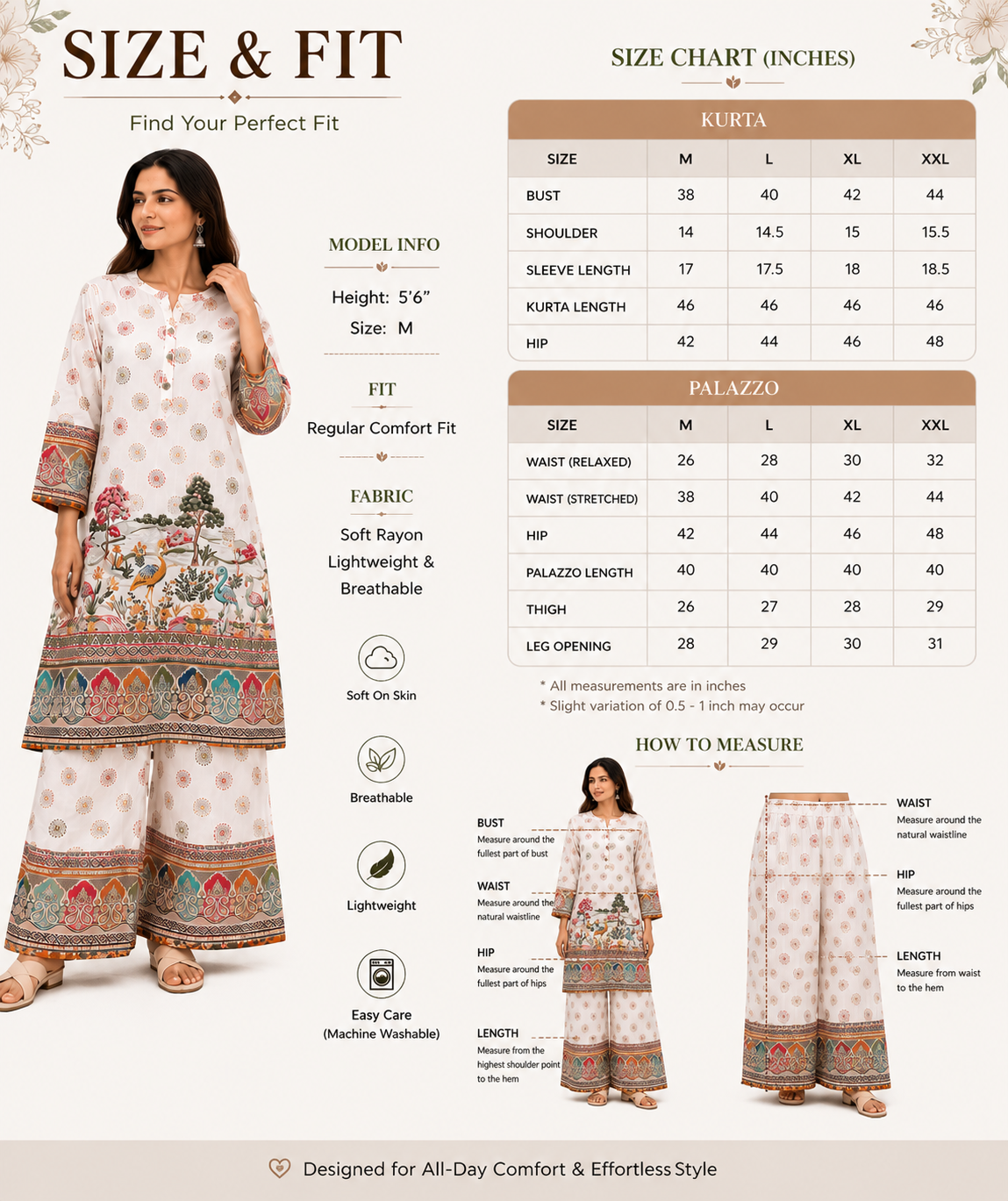 Women's White Printed Rayon Kurta Palazzo Set