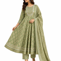 Green Embroidered Cotton Anarkali Suit Set for Festive Wear - view 2