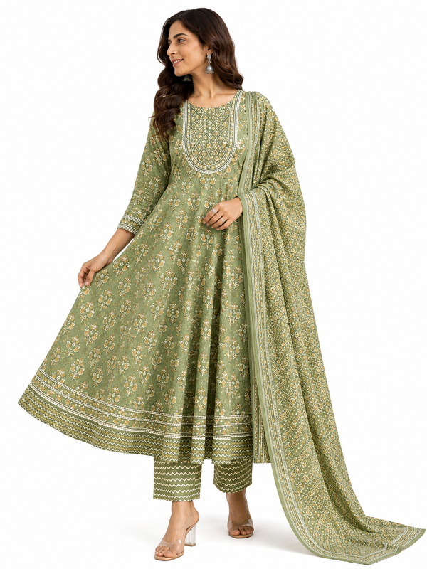 Green Embroidered Cotton Anarkali Suit Set for Festive Wear - view 2