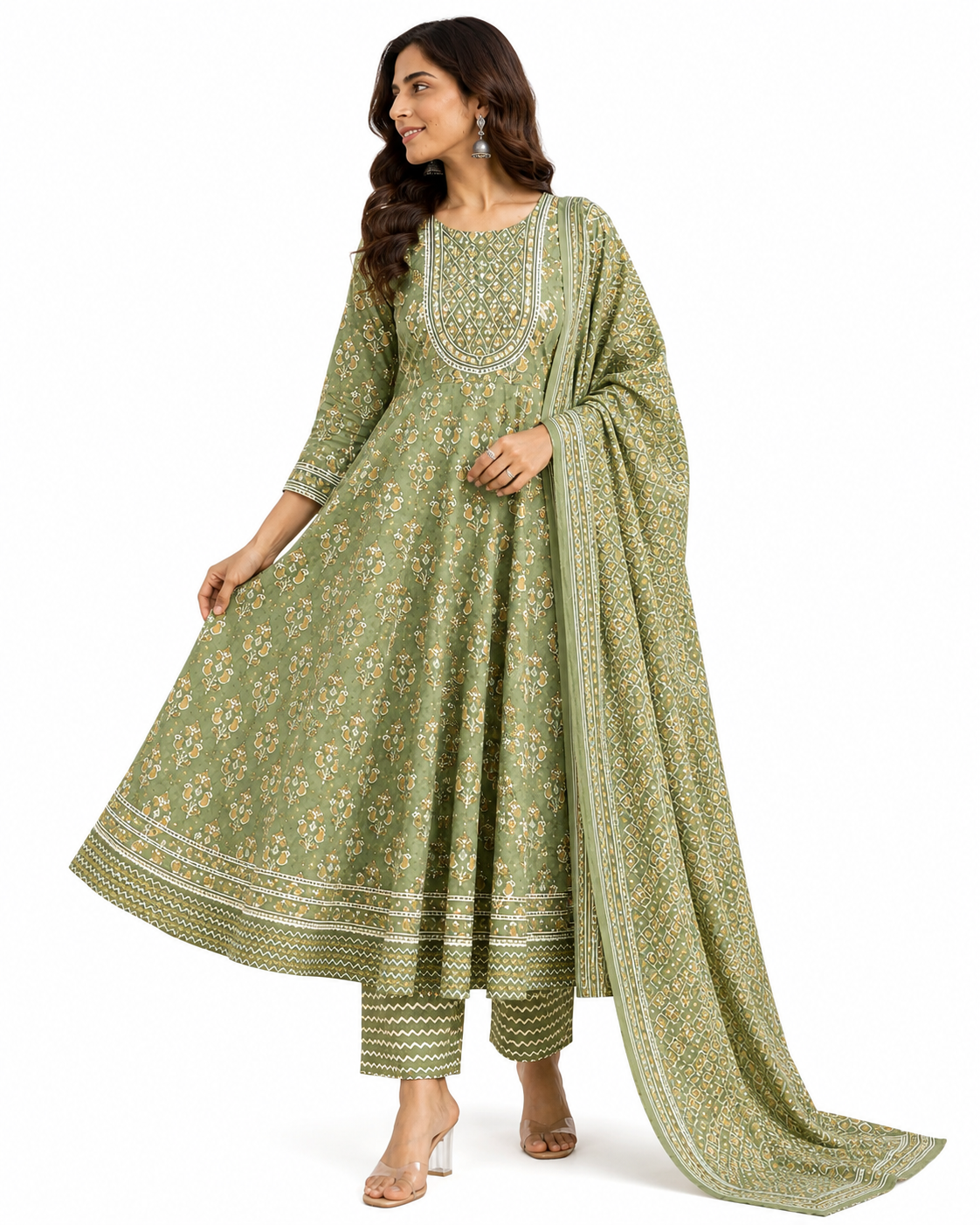Women's Premium Cotton Anarkali Kurta Pant Dupatta Set | Embroidered Neck | 3-Piece Ethnic Suit