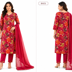 Red Floral-Print Kurta Pant Dupatta Set for Festive Wear - view 5