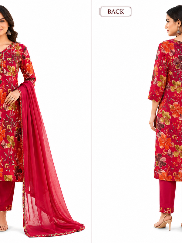 Red Floral-Print Kurta Pant Dupatta Set for Festive Wear - view 5