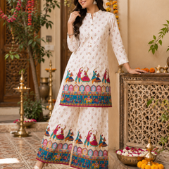 White Motif-Print Kurta Palazzo Set for Festive Wear - view 5