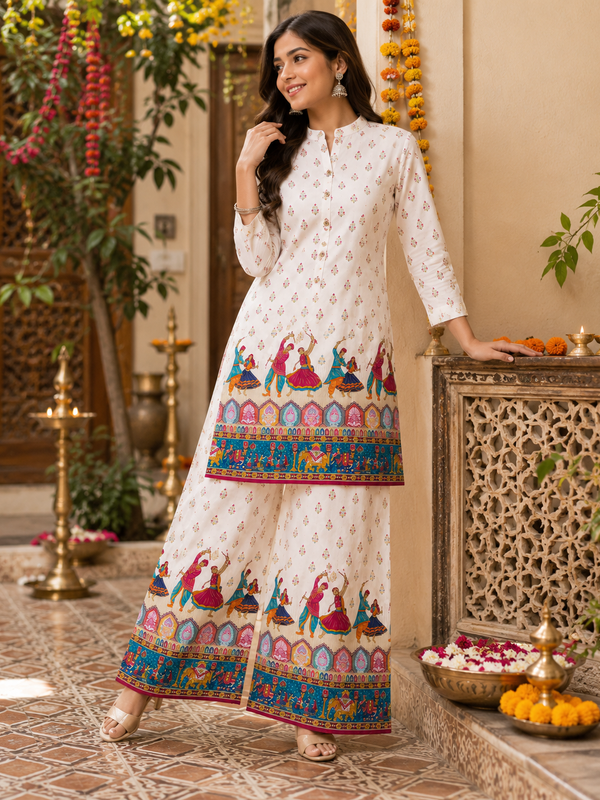 White Motif-Print Kurta Palazzo Set for Festive Wear - view 5