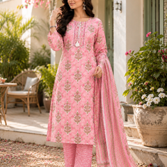 Pink Embroidered Cotton Kurta Pant Dupatta Set for Casual Wear