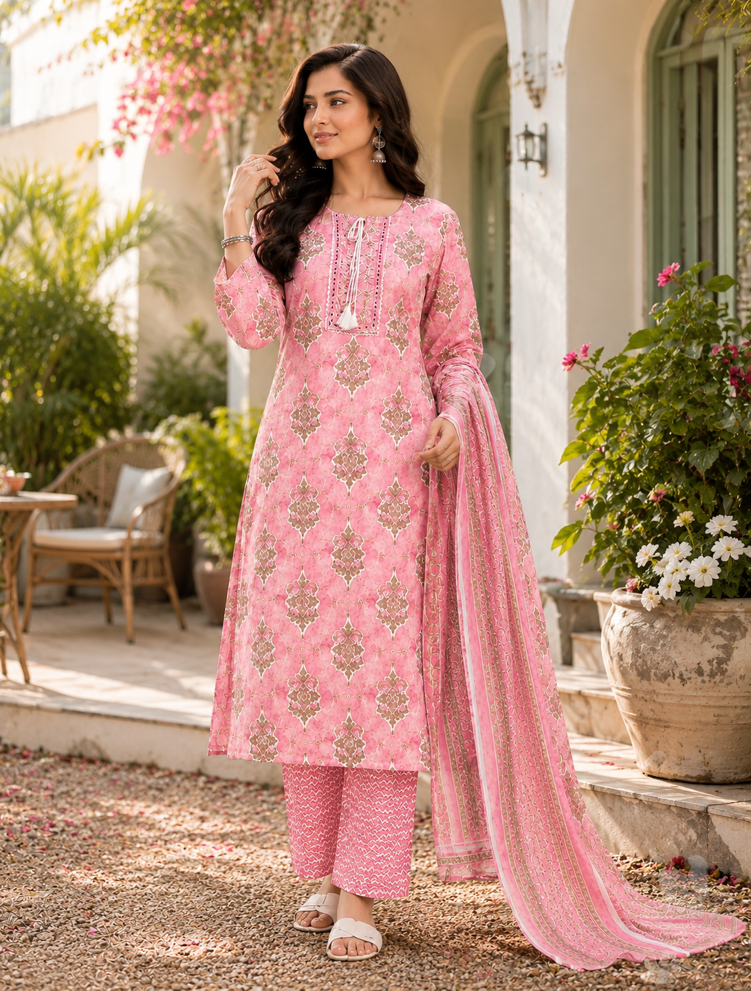 Women's Premium Cotton Kurta Pant Dupatta Set | Embroidered Neck | Printed 3-Piece Ethnic Suit